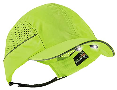 Safety Bump Cap with LED Brim Lighting, Baseball Hat Style, Short Brim, Ergodyne Skullerz 8960,Lime