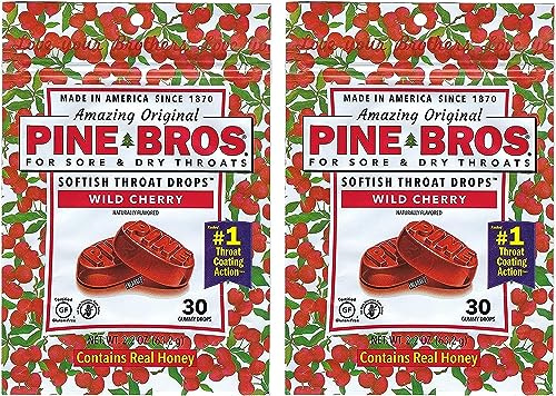 Pine Bros Wild Cherry Throat Lozenges for Sore Throat, Cherry Drops, Approx 30 Drops, 2 Pack