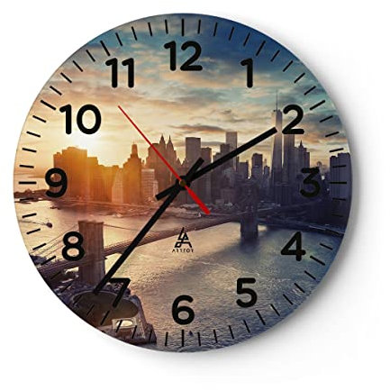 ARTTOR Modern Wanduhr New York Stadt 30x30cm Rund Klein Wand Uhr Glas Analog Zimmeruhren Küche Büro Wohnzimmer Glasuhr Wall Clock Dekoration Design Wanddekoration Küchenuhr C4AR30x30-3733