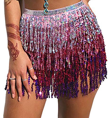 Paljett tofs kjol mage dans höfthalsduk festival klubb sommar strandsjal minikjolar Silver/Pink/Purple En storlek