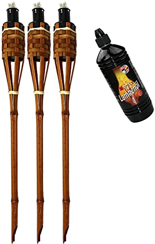 Moritz 3X Bambusfackeln Fackel Deluxe 90 cm Dunkelbraun + 1x 1000ml Lampenöl Gartenfackel Ölfackeln Garten Deko Öllampe Wegleuchte