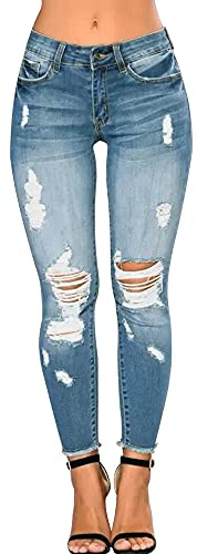 CME SHOWU Damen Skinny Ripped Jeans Stretch Distressed Destroyed Denim Hose - Blau - Groß