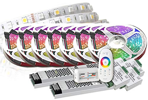 TechCore Tira LED de 35 m de alta calidad de 24 V RGBW – RGB+W barra de luz RGB+WW 5050 SMD, luz blanca cálida, banda LED flexible, cambio de color con control RF 2 transformadores