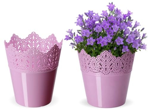 KADAX Spitzen-Blumentopf aus Kunststoff, 9 Farben, Blumentopf mit Spitzenmotiv, Blumentopfschutz für Büro, Topf, Gartenschale, Blumenkübel, Übertopf (⌀ 12cm, Niedrig, rosa)