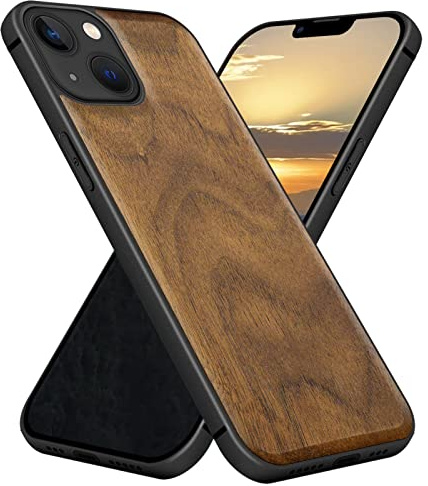 Carveit Coque pour iPhone 13 Étui Bois, (Noyer-Façon Bois Brut) | Magnétique Case [Antichoc Pare-Chocs en TPU Souple] Étui en Bois de Téléphone Compatible Magsafe iPhone 13 Coque