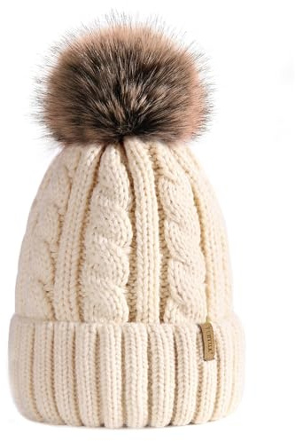 FURTALK Winter Hat for Women Warm Fleece Lined Double Layer Bobble Hat with Detachable Pom Pom Twisted Knit Design, Beige