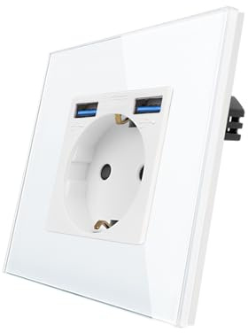 CNBINGO Steckdose Unterputz mit USB Ports (Max.2,1 A), 1-Fach Weiß Glas | Schuko Einzelsteckdose mit USB-A, Wandsteckdose mit Kindersicherung, Horizontal oder Vertikal, DIY-Montage, Glasrahmen