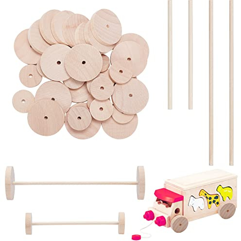 OLYCRAFT 36 Sätze 25mm & 38mm Holzräder-Set Zum Basteln Unfertige Holzräder 36 Stück Unfertige Holzräder Mit 72 Stück Holzstäben Flache Kleine Holzräder Für Holzbastelprojekte Heimwerkermalerei