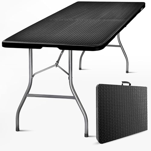 SKYLANTERN® Table Pliante 180 cm Rectangulaire Effet Rotin Noire - Table de Camping Pliante 6/8 Personnes 180 x 76 x 74cm - Table Pliante Exterieur en HDPE Epais de 3,5 cm - Table Jardin Pied Acier