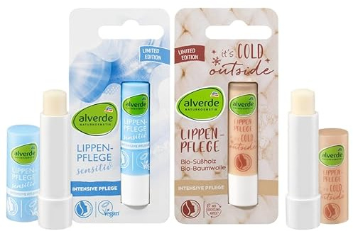 alverde NATURKOSMETIK 2er-Set Lippenpflege: Lippenpflegestift SENSITIV für spröde, trockene & rissige Lippen (4,8 g) + Lippenpflegestift ITS`S COLD OUTSIDE schützt empfindliche Lippen (4,8 g), 9,6 g