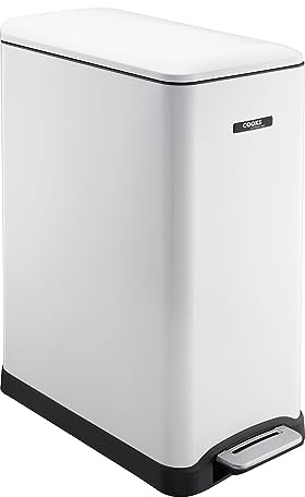 Cooks Professional Slimline Dual Recycle Pedal Bin 50L | 20 + 30L Removable Compartments & Soft Close Lid | Double Section Stainless Steel Kitchen or Office Dustbin for Recycling or Waste | White