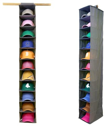 Perfect Curve 11-Pocket Hanging Baseball Hat Organizer - Gray Hat Storage Rack for Closet, Holds Up to 100 Caps. Also store shoes or sneakers or towels. Multiple uses.