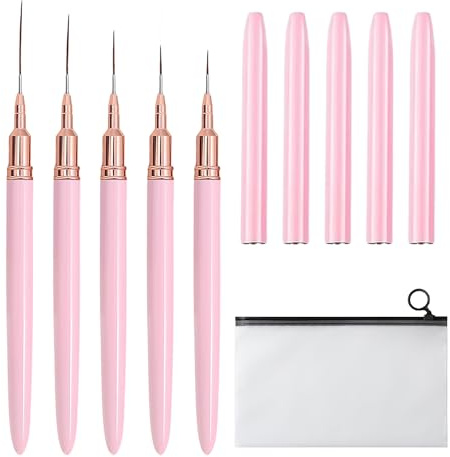 Lot de 5 pinceaux de nail art avec 1 sac de rangement, pinceaux pour nail art, stylos à dessin pour ongles, pinceaux de nail art, pinceaux longs pour nail art, kit de pinceaux pour nail art, design