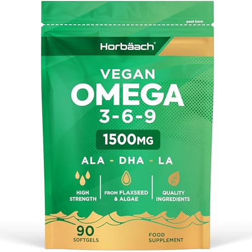Vegan Omega 3 6 9 Capsules | 1500mg | 90 Softgels | High Strength Oil from Flaxseed and Algae | ALA DHA and LA | by Horbaach