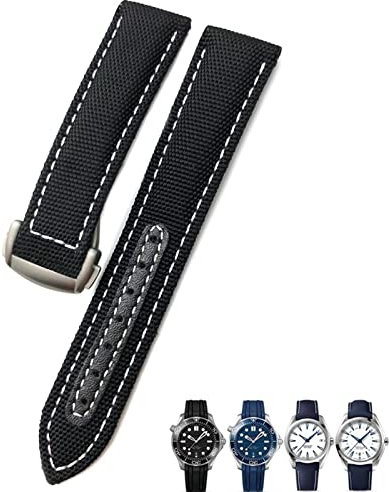 BRART Uhrenarmband aus gewebtem Nylon, 19 mm und 20 mm, Schwarz und Blau, mit Faltschließe, Lederarmband für Omega AT150 AQUA TERRA Seamaster Tissot, 20mm, Achat