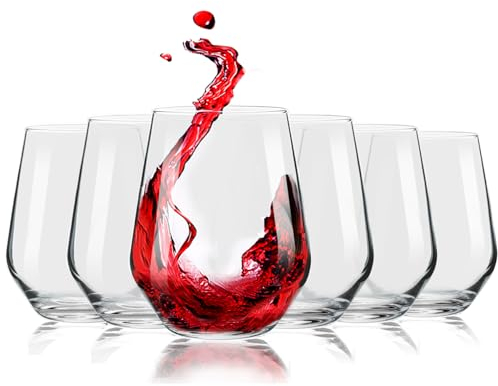 Flow Barware 480ml Stemless Wine Glasses for Red, White, Rose, Gin or Water | Set of 6 No Stem Crystal Tumbler Drinking Glasses