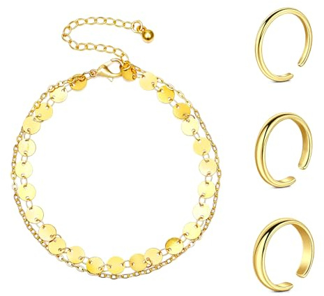 Tåring och vristlänk set 2 mm/3 mm/4 mm klassisk slät tåring justerbar öppen finger ankelring och armband silver ros och guld, Metall
