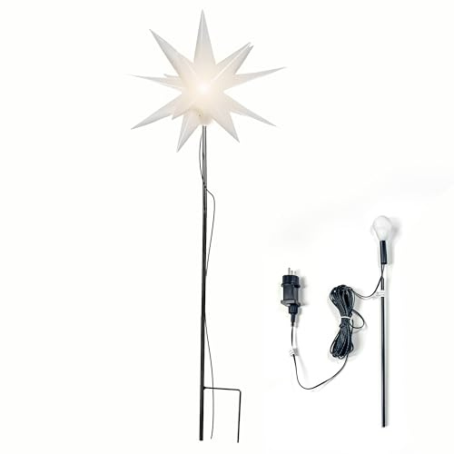 OVILUM Leuchtstern 3D mit Erdspieß und LED Beleuchtung| weiß | |Ø 57 cm| 3D Stern mit 18 Spitzen | wetterfest | Garten Deko, Wohnzimmer, Weihnachtsdeko | Weihnachtsstern | mit Timer