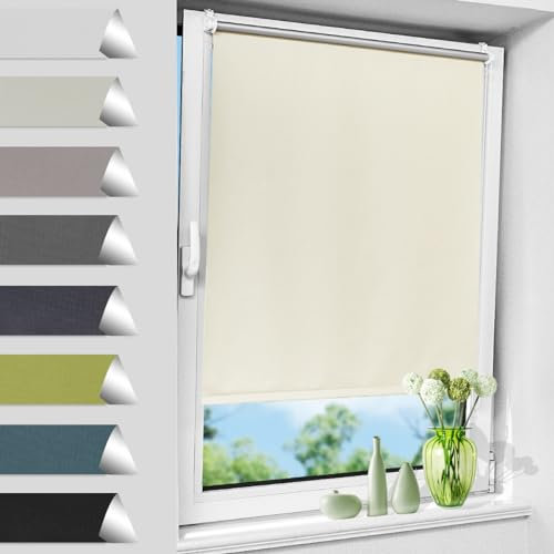 Allesin Verdunklungsrollo ohne Bohren, Fenster rollos für innen, 100% verdunkelungsrollo,Beige B90 x H120 cm, Thermorollo Hitzeschutz, Klemmrollo lichtundurchlässig für Fenster