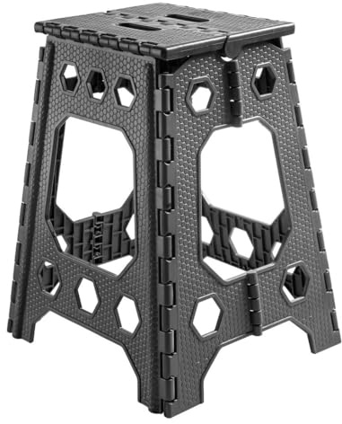 Efforias Strong Plastic 18 Inch Black Folding Step Stool - Premium Compact and Lightweight Anti Slip Foldable Stool with Handles for Kids and Adults