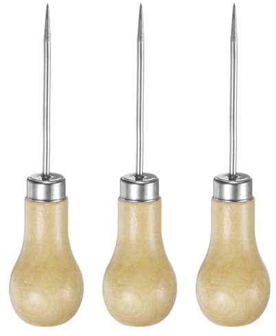 sourcing map 3pcs Handwork Sewing Awl Single Gourd Awl Leather Punch Hole Tool with Wooden Handle Scratch for Broken Wire Drilling Stitching Repair and DIY Handmade, Log Color