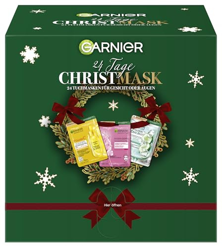 Garnier Tuchmasken Geschenkset: 24 Tage Beauty-Verwöhnung mit feuchtigkeitsspendenden Gesichts- & Augenmasken, Geschenkset mit Tuchmasken für revitalisierte, strahlende Haut & Feuchtigkeitsboost
