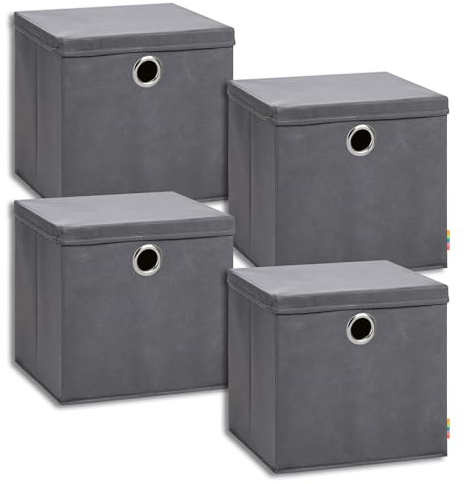 Storanda | 4er Set Aufbewahrungsbox 34x34x33 cm mit Deckel | Extra Große Griffe | Stabil & Faltbar | Regalbox für Würfelregal | Ideal für Zuhause & Kinderzimmer | Anthrazit