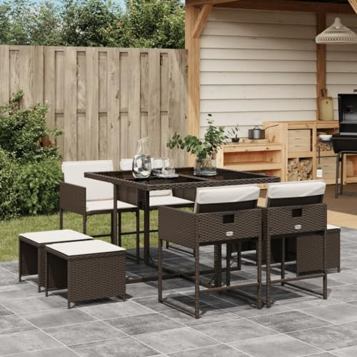 Homgoday Gartentisch und Stühle Set, 9-teiliges Gartenmöbel-Set mit braunen Kissen aus Polyrattan, Gartenmöbel, Gartenmöbel-Set Modell 3278084