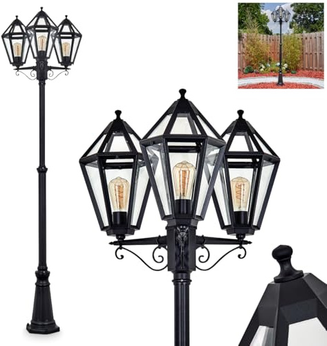 Kandelaber Falfosa, Außenwegeleuchte aus Metall/Glas in Schwarz/Klar, Leuchte im Vintage/Antik/Landhaus-Design für Außenbereich/Garten/Terrasse, Höhe 242 cm, 3 x E27, ohne Leuchtmittel, IP44