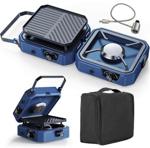 Réchaud de camping à gaz portable, 16 000 BTU pliable avec plaque chauffante, 2 brûleurs réglables et allumage piézo, réchaud de camping à gaz d'extérieur pour le camping et la randonnée,cuisinière