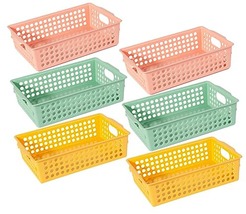 TINEASUR Cestini Portaoggetti in Plastica Con Doppie Maniglie Laterali, Design Cavo e Ventilato, Set Da 6 Pezzi Colorati Per Organizzare Cucina, Bagno e Scrivania, Contenitori Multiuso Per La Casa
