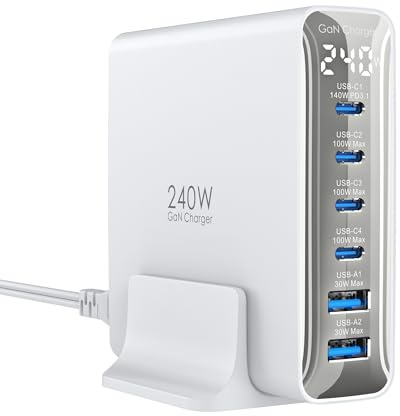 240W Cargador USB de 6 Puertos, Cargador PD3.1 GAN con Pantalla LED, estación Carga rápida de Escritorio para MacBook Pro/Air, para iPhone Pro/iPad Pro/DELL XPS/Galaxy/Pixel/Laptops y más, Blanco