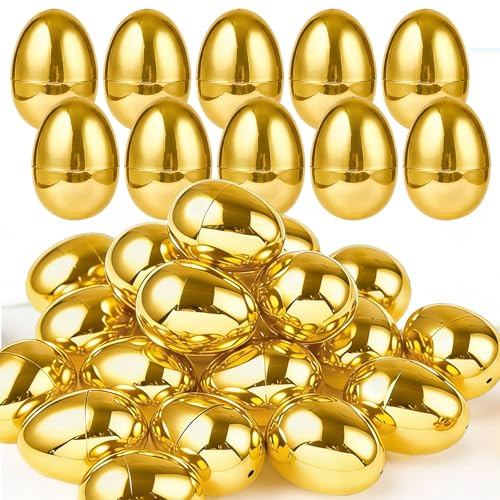 TURNMEON 24 Pack Golden Easter Eggs Empty, 2.36 Shiny Metallic Plastic Easter Eggs Fillable Surprise Gold Eggs for Easter Egg Hunt Fillling Candy Treats Toys Basket Stuffers Classroom Prize Supplies