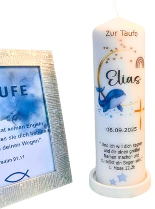 Die Taufkerze Wal-Noah Meer Blau besticht durch ihr modernes und zeitloses Design, was sie zu einer idealen Wahl für Jungen und Mädchen macht. Ihre Maße betragen 25 x 8 cm.