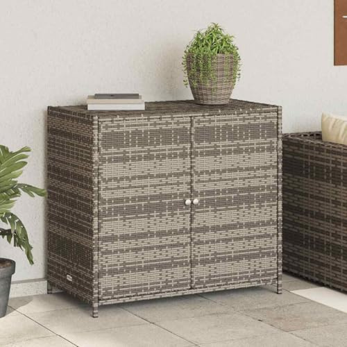Myheimly Gartenschrank, Geräteschrank mit viel Stauraum, Beistellschrank Schrank mit Türen, Balkonschrank Terrassenschrank, Poly Rattan Gartenschrank Grau,83x45x76 cm