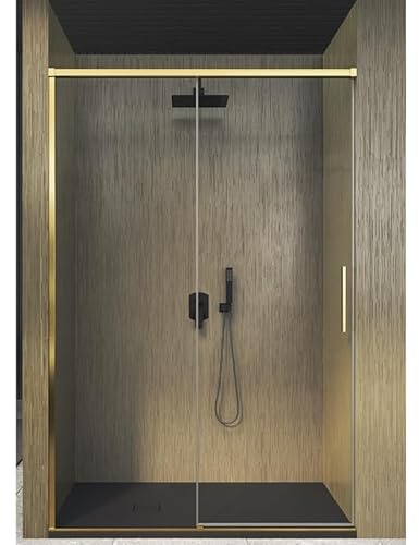 IMPALLI Duschkabine, 210 cm hoch, ausziehbar 117-120 cm, langsamer Schließung, 8 mm gehärtetes Glas, transparent, Antikalk-Profile aus gebürstetem Gold-Aluminium