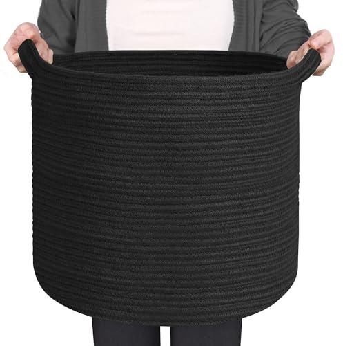 MEGASKET Large Black Storage Basket, 16 x 14 Cotton Rope Baskets for Storage, Blanket Storage Living Room, Big Woven Laundry Basket, Dog Kids Toy Box Organizer, Round Floor Shoe Towel Bin