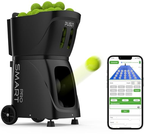 PT-Smart Pro Tennis- und Ballmaschine mit Fernbedienung, automatischer Anlasser, 12-75 km/h, Trainingsgerät mit Schleuder, Trainingsmaschine, über 100 Bälle (schwarz)