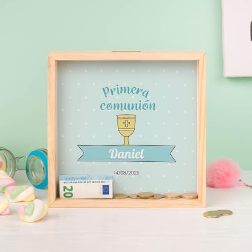 Wanapix | Hucha de Madera Personalizada para Primera Comunión | Hucha Cuadrada Personalizable con Nombres/Texto/Fechas | Madera de Chopo y Metacrilato Transparente | Cáliz Azul