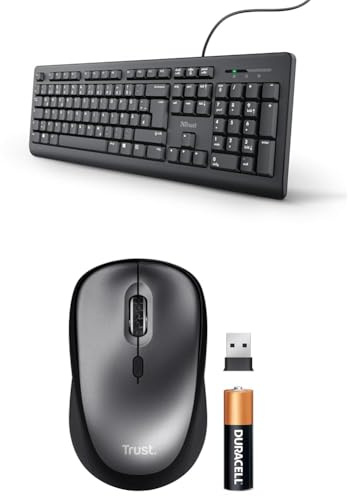 Trust Taro Kabelgebundene Tastatur Deutsches QWERTZ Layout + Leise Funkmaus mit Batterie, USB-Anschluss PC Tastatur und Kompakte Maus Kabellos für Computer Laptop Mac Windows macOS – Schwarz