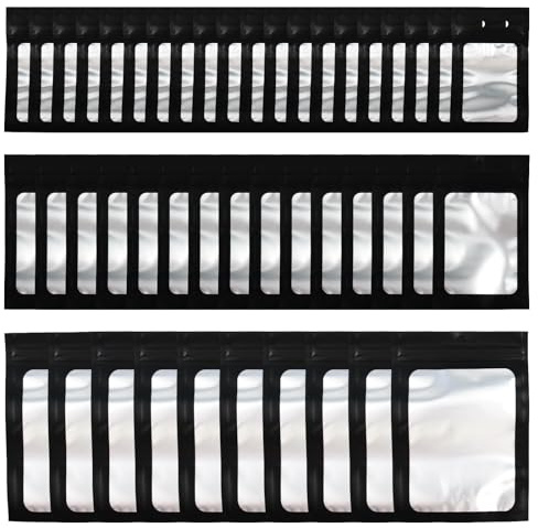 Xmart 150 pièces Sachets Refermable Zip Mylar 3 Tailles Pochon Zip Multi Usages Noir Mylar Ziplock Bags avec Fenêtres Étanche et Anti Poussière pour Stockage Aliments et Emballage