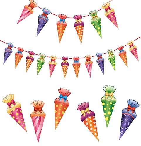 UPINS Zuckertüten Girlande Hänge Deko für Schuleinführung Einschulung Schulanfang, Schultüte Girlande Banner Zuckertüten Banner für Schulstart Dekoration Jungen Mädchen Schulkind Bunt