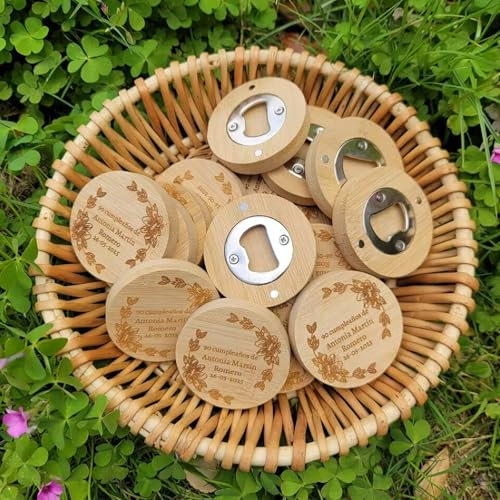 Abridor De Botellas De Cerveza Redondo De Madera Personalizado Y Grabado For Exteriores, Imán De Nevera De Madera Personalizado, Ideal Como Recuerdo For Invitados De Boda, Bautizo, Primera Comunión(50