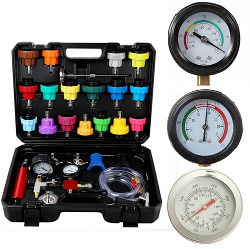 IMSTMTER Kühlsystem Abdrückgerät Kühler Prüfgerät Kühlsystemtester Inklusive Füllsystem, Kühlmittel, Kühler, Testgerät, Testkoffer (28 TLG)