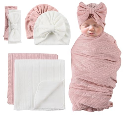 MniJiza Baby Pucktuch Neugeborenes Swaddle Kleinkind Mädchen Hut Stirnband Schlafsack (Weiß + Dunkelrosa)