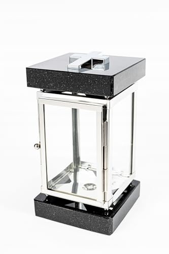 Idealstone – Élégante Lanterne Funéraire en Granit et Acier Inoxydable 24 cm – Pierre Noire et Argent