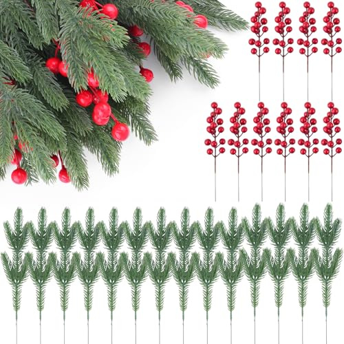 DXiongW 40 Piezas Ramas de Pino Artificial y 10 Piezas Bayas Rojas Artificial DIY Ramas Abeto Artificiales con Bayas de Acebo para Manualidades Corona de Adviento Árbol de Navidad Decoración de Hogar