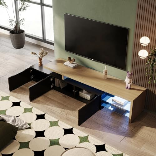 FEEOHOME Meuble TV Moderne, Support pour Téléviseur 75 Pouces, Meuble TV LED avec 3 tiroirs et Espace de Rangement, Cadre en Bois, Table Télé pour Salon (A)