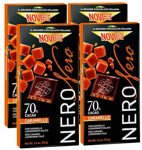 4X Novi Nero Nero Tavoletta di Cioccolato Fondente al 70% con Caramello Leggermente Salato 75g