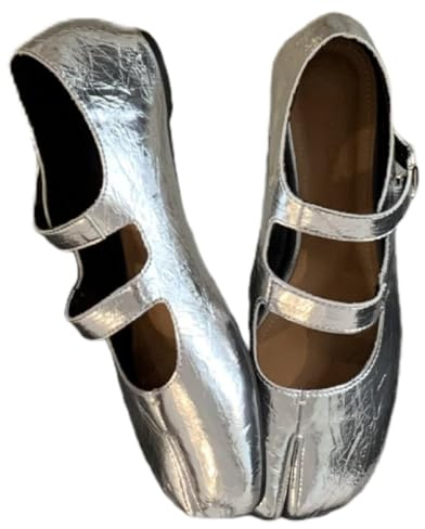 ZQW Women's Tabi Mary Jane Ballet Flats Cute Split Toe Metal Buckle Strap Tabby Ballerina Barefoot Shoes Lightweight Office Comfort Outdoor (7,Silver)